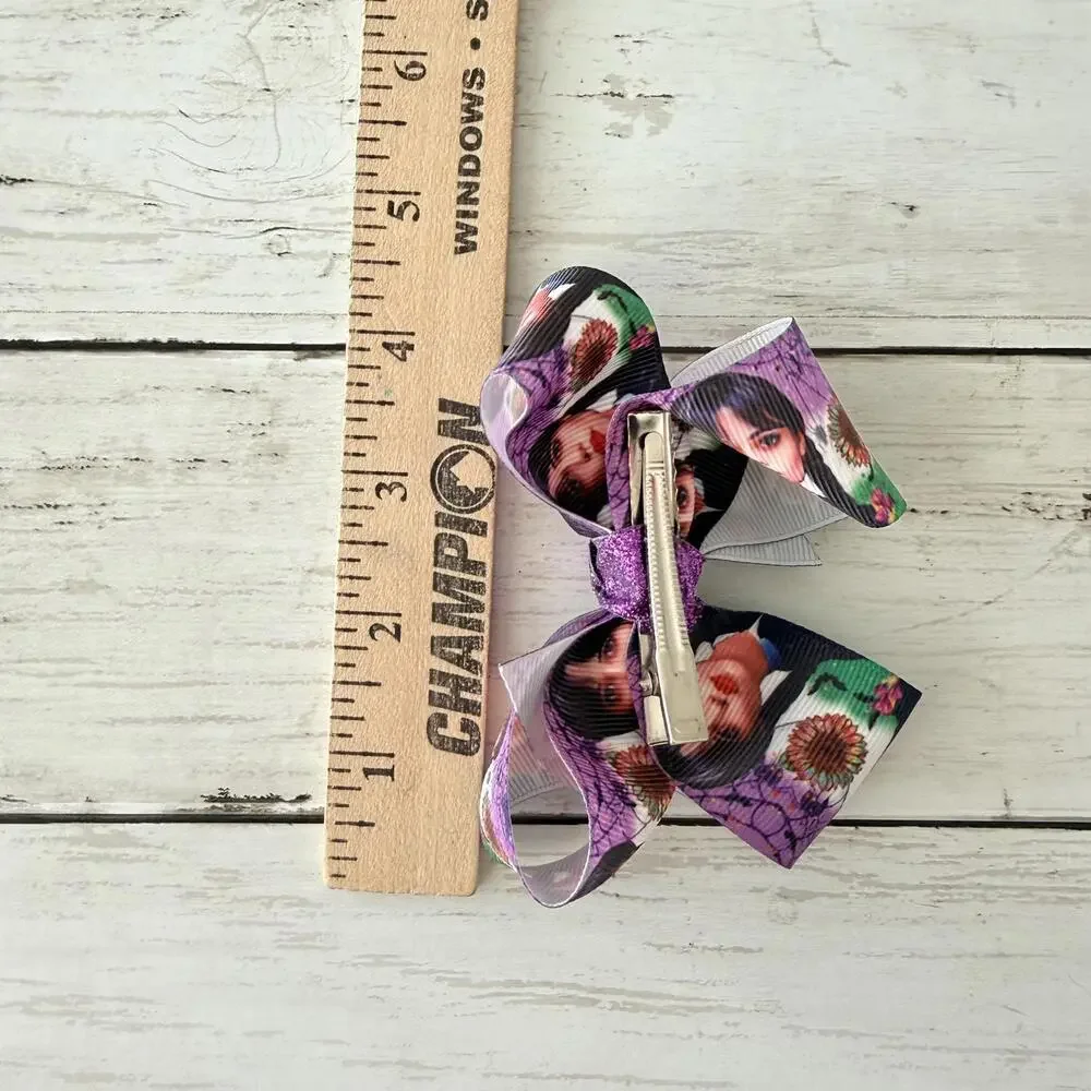 Handmade Wednesday Addams Purple Hair Bow Glitter Center 4.5” Clip Goth